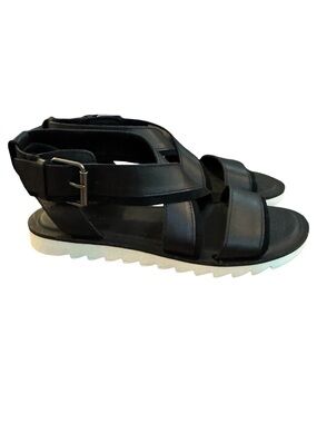 TOMS Sidney Tread Black Leather Sandals with a White Chunky Sole